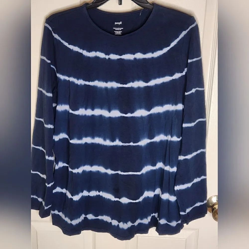 PURE JILL L LngSlv PIMACOTTON CoattailTee BlueWhite TieDye CoastalNautical Women